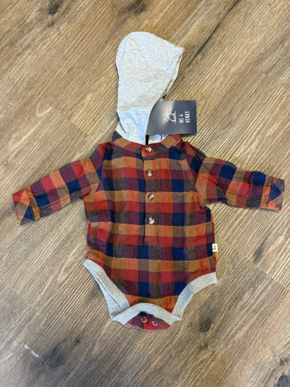 Bell & Beam Hooded Plaid Baby Bodysuit - Rust, Navy, Mustard